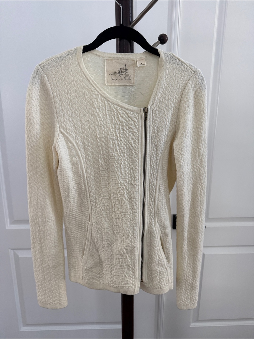 Angel Of The North Cream Quilted Zip-Front Crew Sweater